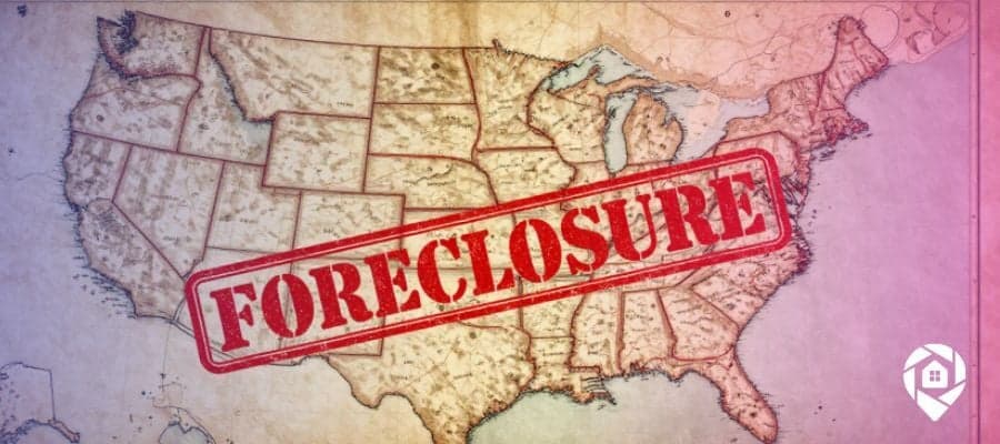 map of the USA with a foreclosure stamp over it