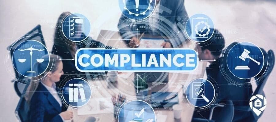 Compliance concept with icons representing legal and regulatory practices in a business meeting setting.