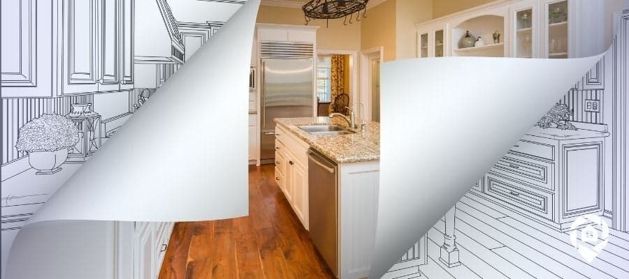 Renovation concept showing transition from blueprint to finished modern kitchen.