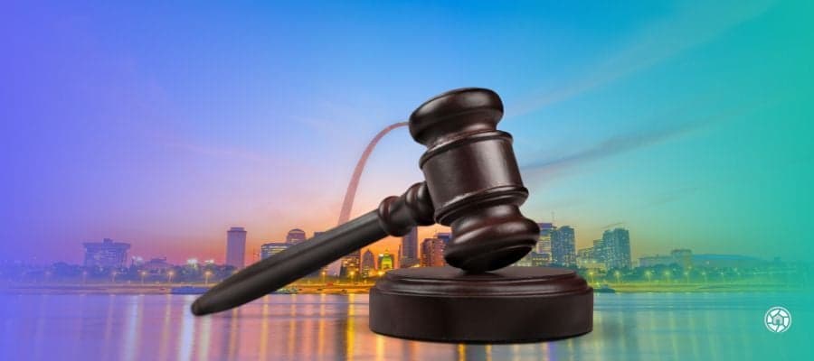 St. Louis Missouri background with a gavel in the foreground