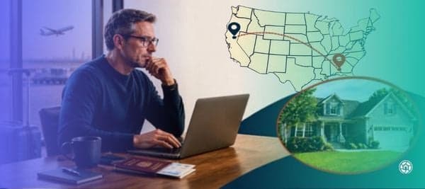 A man viewing his out of state property online while traveling