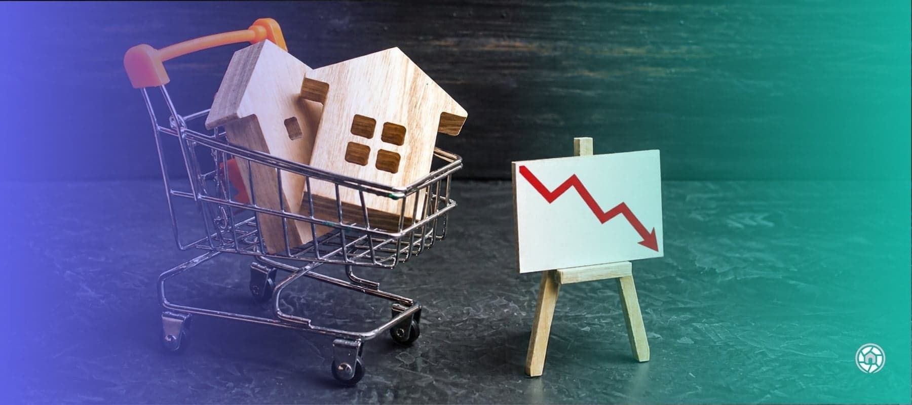 Two houses in a cart with a downward trending chart