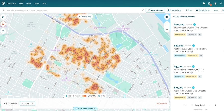 DealMachine Map Vacant Homes 63115