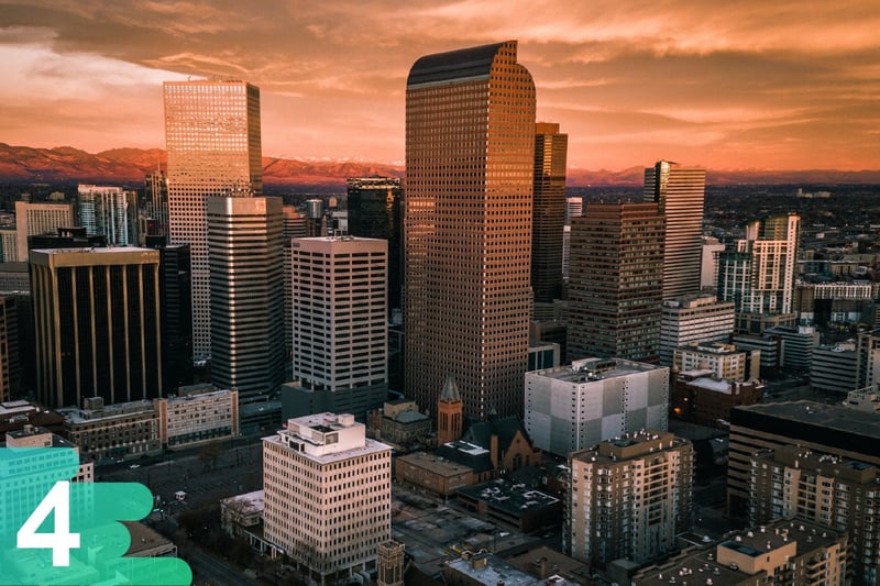 Aerial image of downtown Denver buildings with a burnt orange sunset reflecting off the buildings.