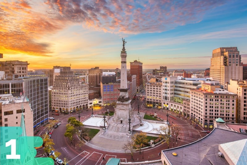 Downtown Indianapolis at sunset with a focus on the Soldiers’ and Sailors’ Monument in the heart of the city.