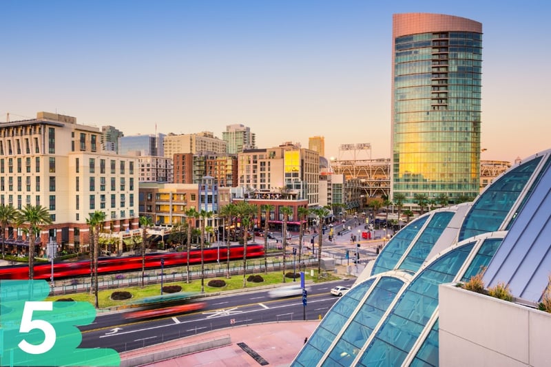 Rooftop view of downtown San Diego with a variety of skyscrapers in the background plus a large glass building in front of a stadium.
