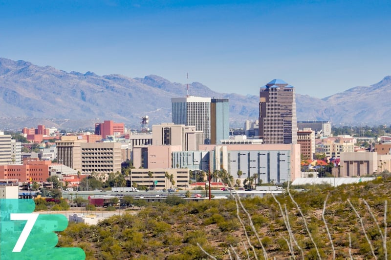 Taken from the desert, downtown shot of Tucson, Arizona with skyscrapers toward the front and mountains in the background.